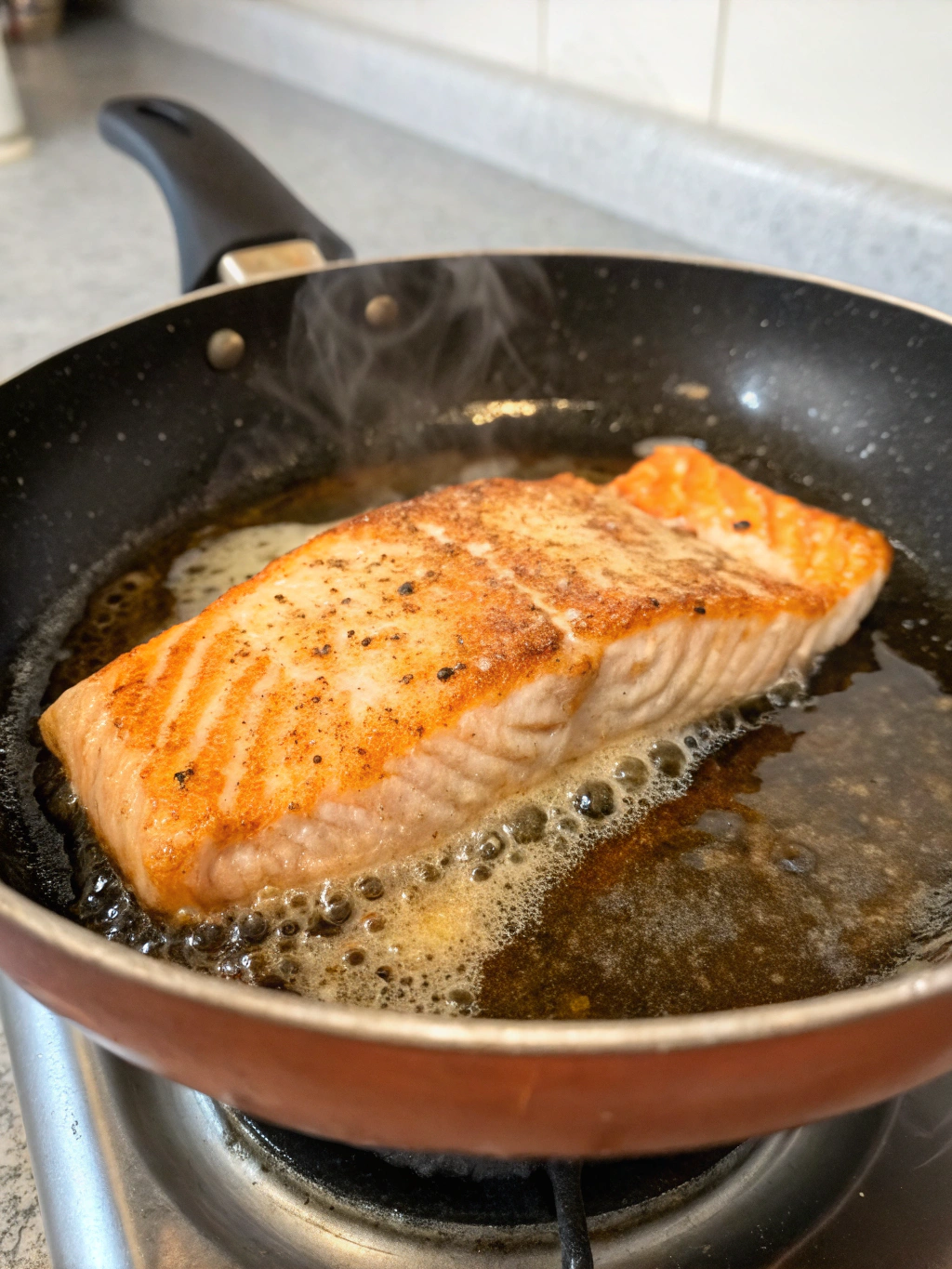 Trancio di salmone in padella cottura veloce e croccante fuori